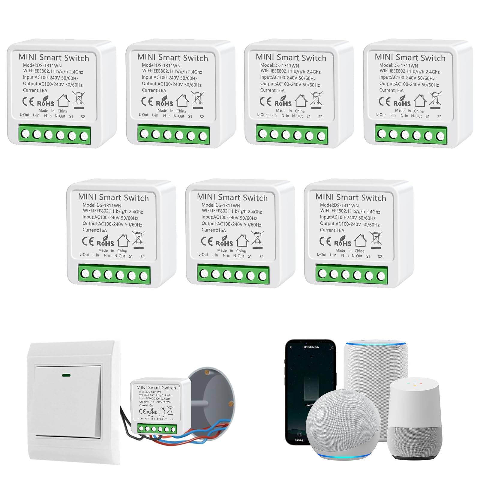 Interruptor WiFi Smart Life, 16A Relé Interruptor Inteligente Wi-Fi & Bluetooth, 2.4g Smart Light Switch Compatible con Asistente de Voz y Tuya, Smart Switch Alexa, Requiere Cable Neutro (7 piezas)