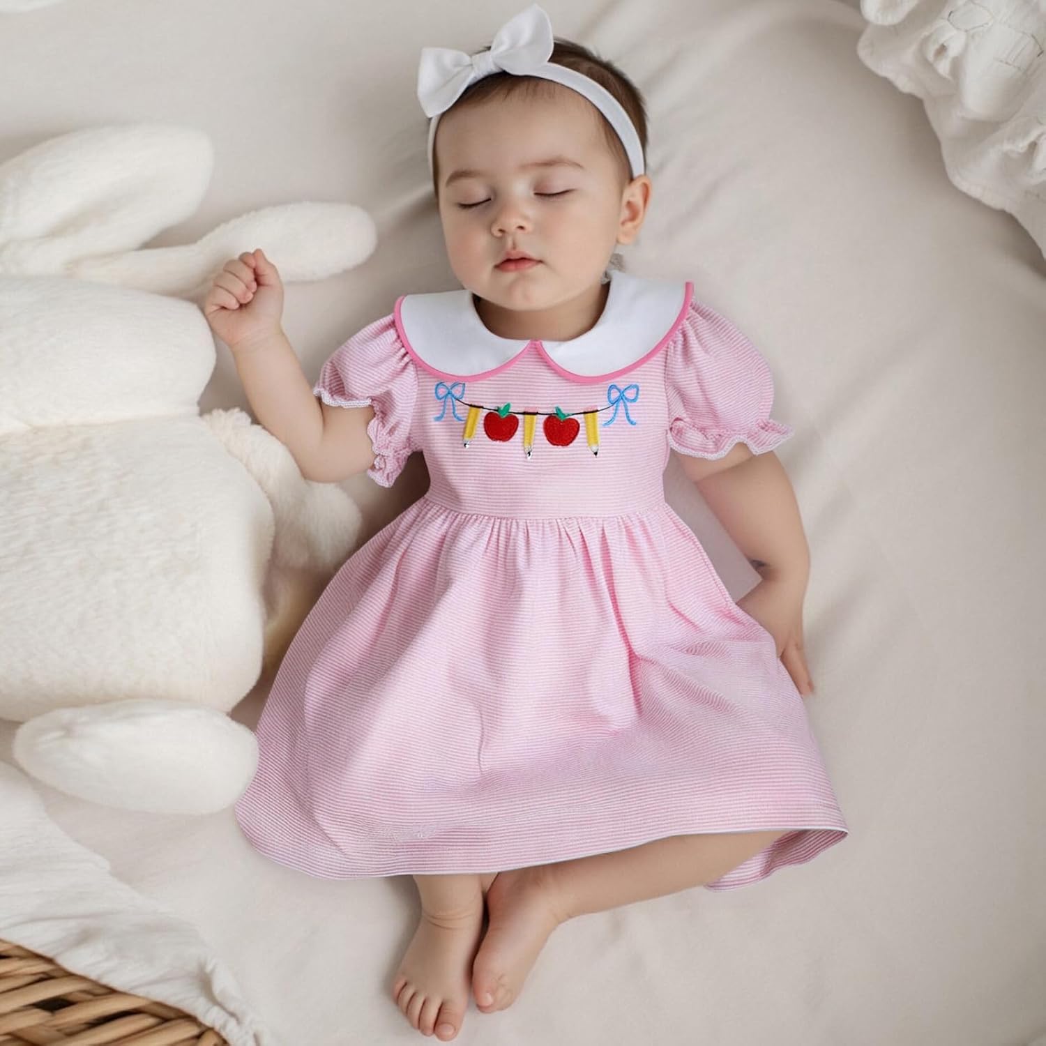 Kid Toddler Baby Girl 1st Day of School Outfit Apple Short Sleeve Collar Smocked Dress Back to School Pre K Clothes image 4