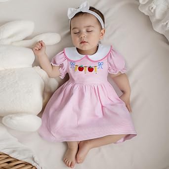 Toddler Girl Back to School Dress Doll Collar Embroidery Short Sleeve Smocked Dresses Kids Summer Plaid Dress