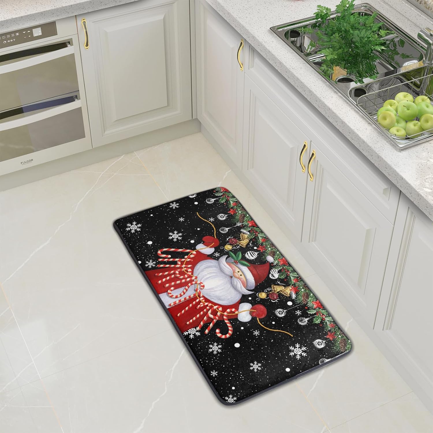 Christmas Kitchen Floor Mat 20x39 Inches,Santa Claus Snowflakes Xmas Black Non Slip Washable Comfort Standing Cushioned Carpet Rug for Bathroom Kitchen Sink Office Laundry Room
