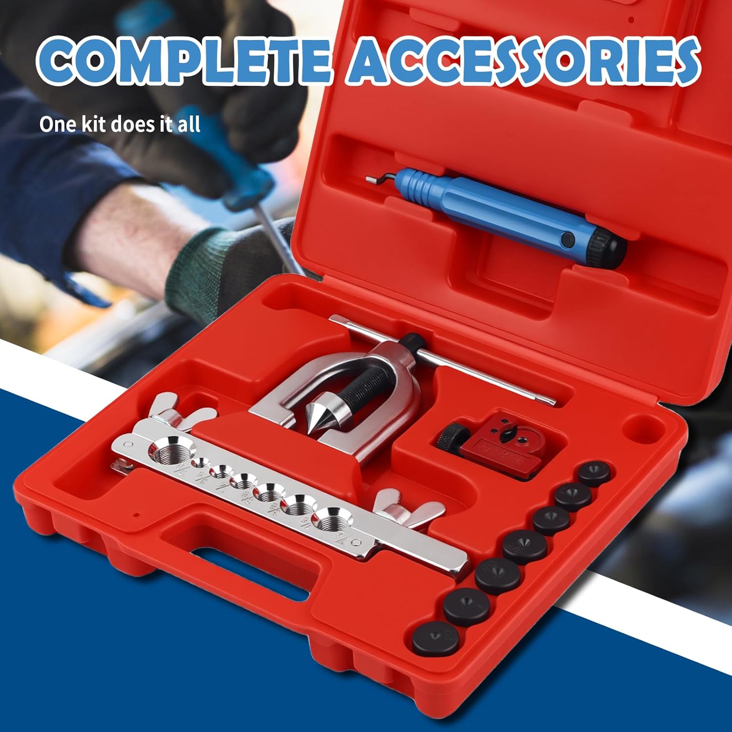 2026 Upgraded Brake Line Flaring Tool Kit,Professional Double & Single Brake Flare Tool Kit with 7 Adapters & Cutter/De-Burrer,Portable Brakes Line Repair Kits for Most Vehicles