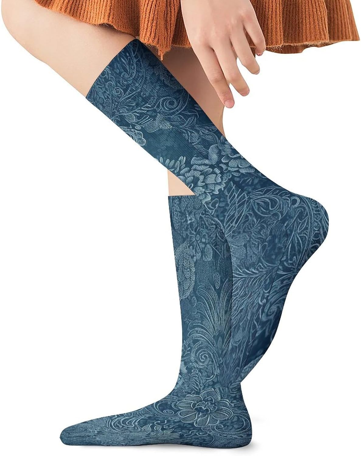 Breathable Crew Sock, Moisture Wicking, Athletic Calf Socks, Cozy | Blue Floral Lace Compression Socks for Women Men, Lightweight High Work Socks for Business, Casual