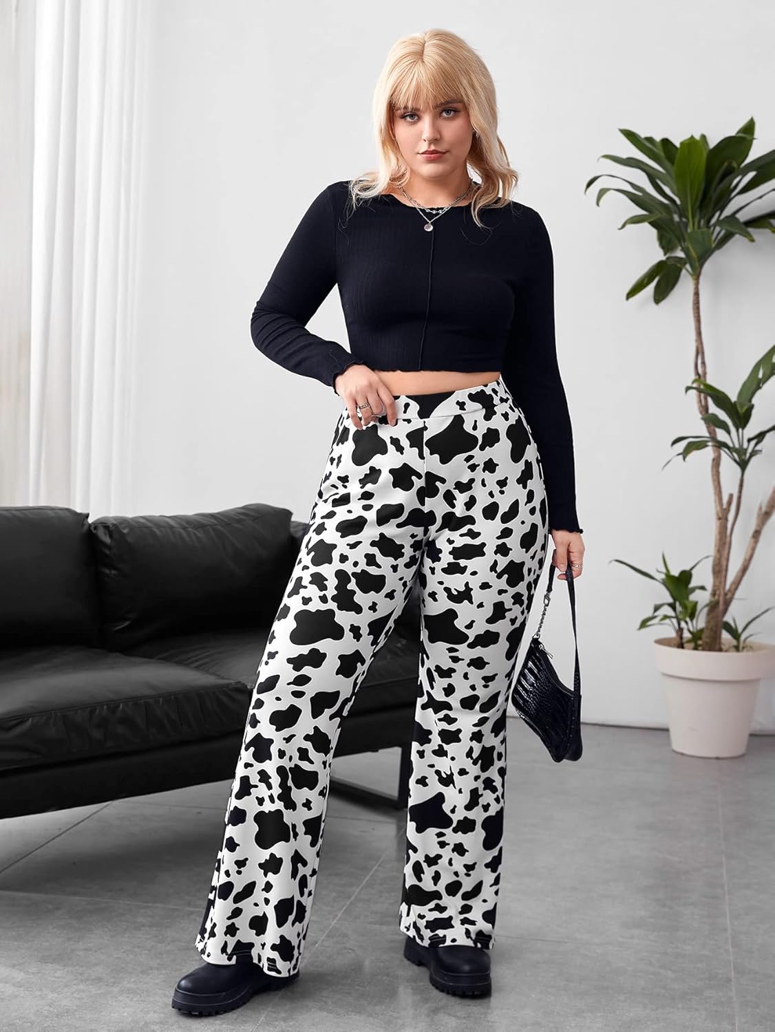 WDIRARA Women's Plus Size Animals Cow Print Flare Leg High Waisted Casual Pants - Image 5