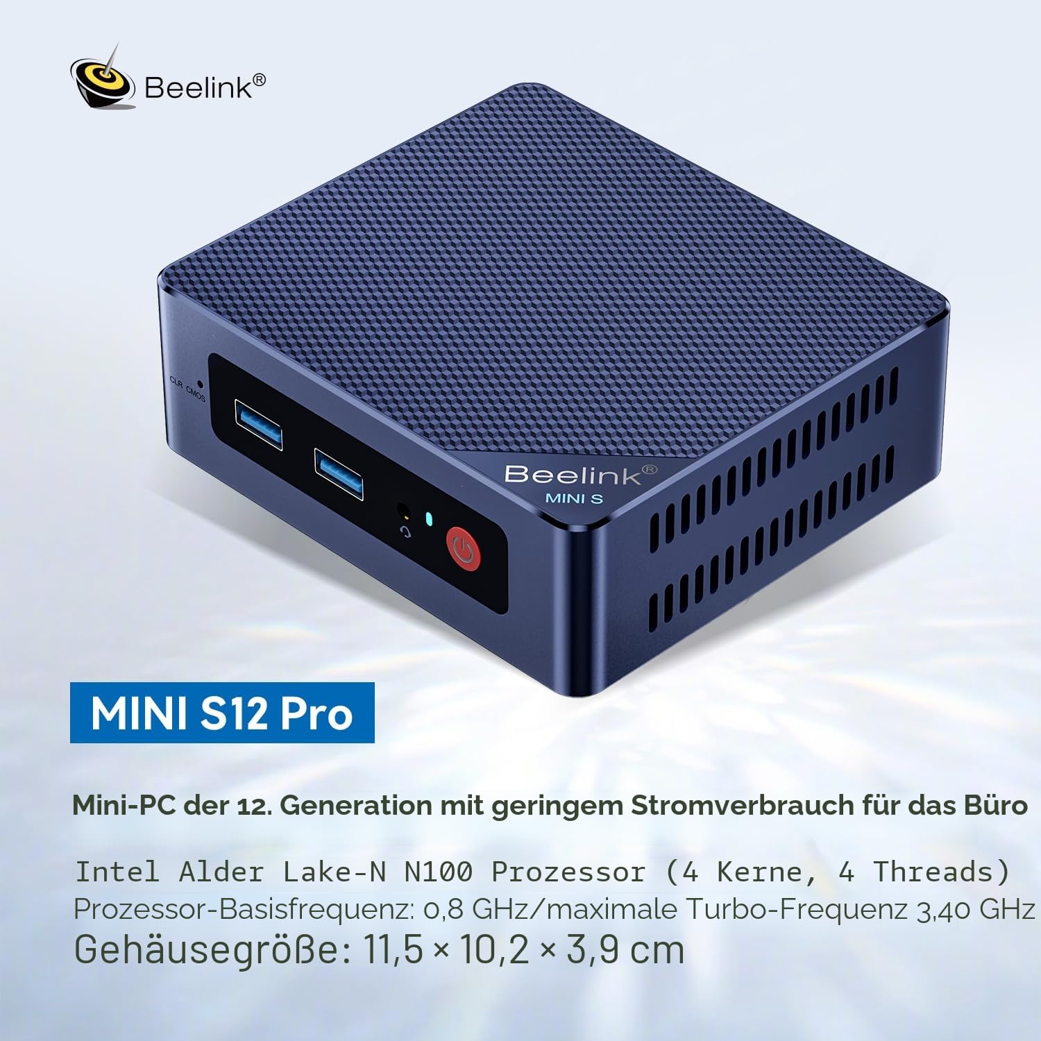 Beelink MINI S12 Pro Mini PC, 12th Gen Intel Alder Lake-N100 Prozessor (bis zu 3,4GHz) Mini Computer Windows 11 Home, 12GB LPDDR5 RAM 500GB SSD Office Desktop-PC, Dual HDMI/WiFi 6/BT5.2/RJ45 2.5G
