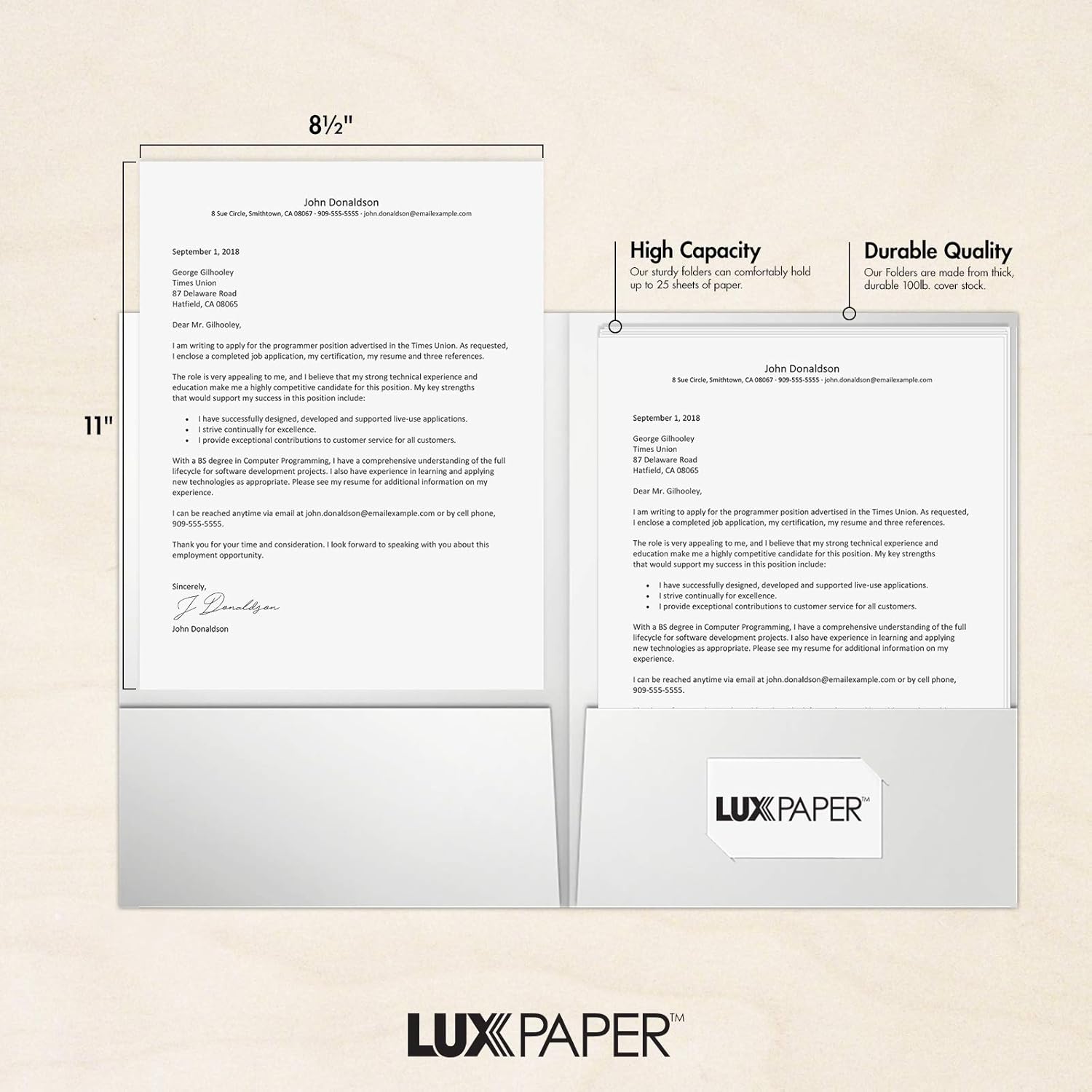 LUXPaper 9" x 12" Presentation Folders | Two Pocket | Front Cover Card Slits (Center) | White Gloss | 12pt. Cover | 25 Qty