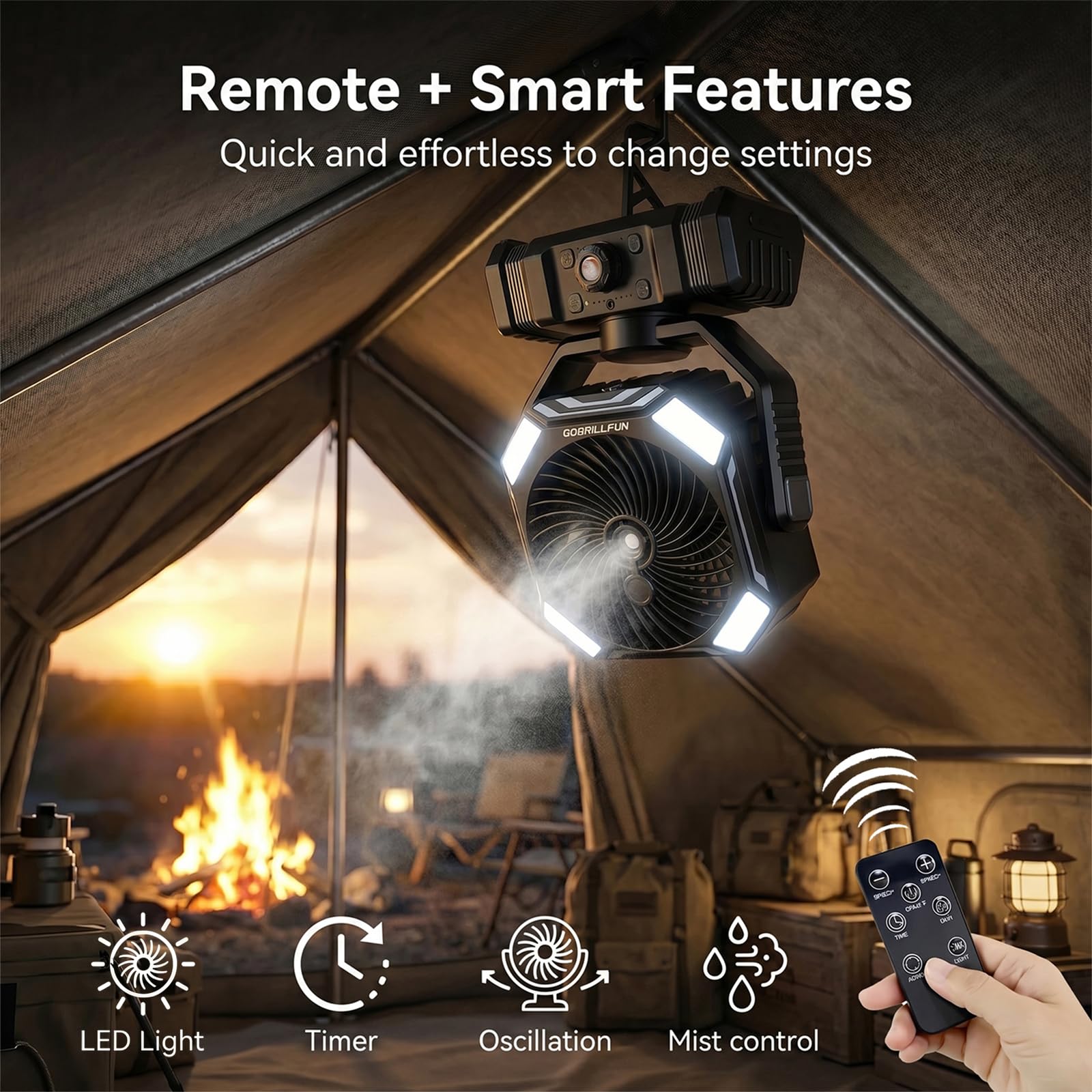 Ventilateur à Batterie avec Brumisation, Ventilateur Portable Rechargeable 10000mAh, Ventilateur Oscillant avec Réservoir 300mL, Télécommande, Lumière LED, Minuterie pour Camping Terrasse Plage Bureau