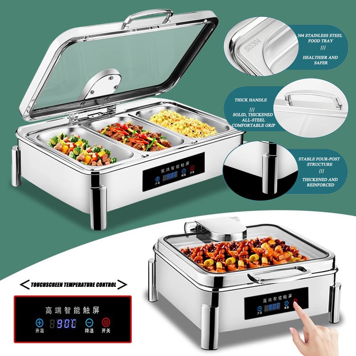 Calentador eléctrico de alimentos con pantalla táctil, acero inoxidable, temperatura ajustable, fácil de limpiar, calentamiento rápido, aislante, ideal para cenas, fiestas, camping