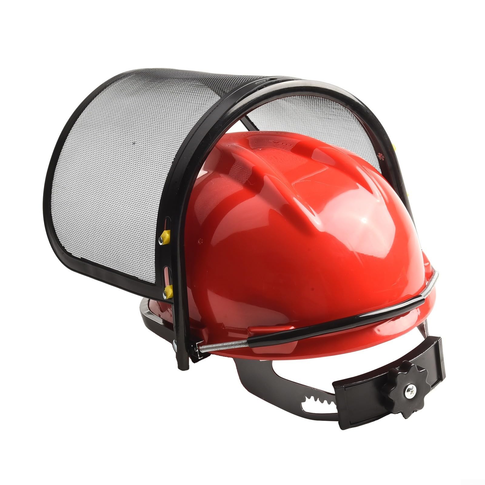 Funda roja para casco de seguridad para motosierra con diadema ajustable y protector de malla facial para equipos eléctricos al aire libre, uso de cortacésped, recortadora y desbrozadora