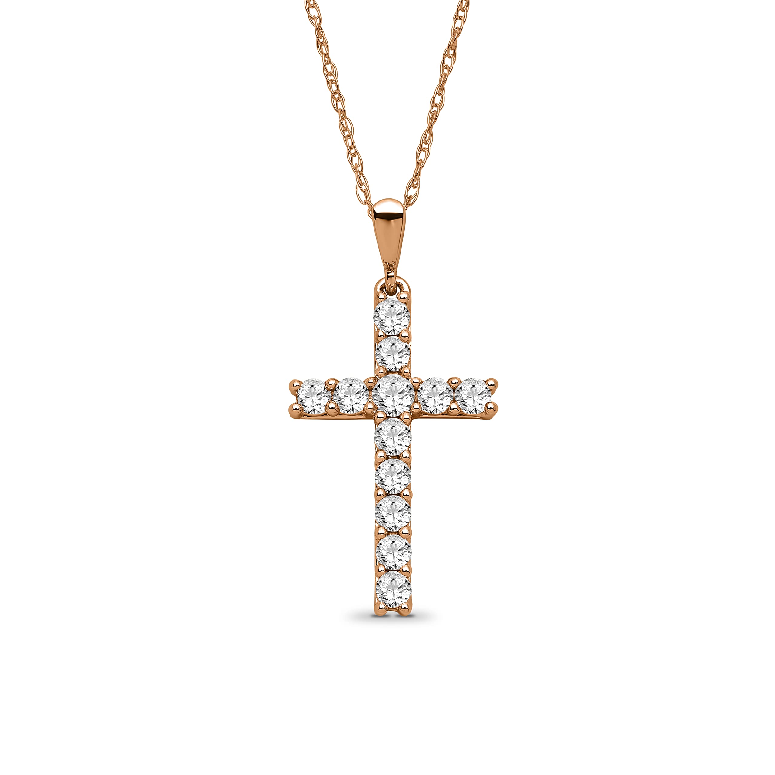 ARAIYA FINE JEWELRY10K Yellow, White or Rose Gold Round Diamond Cross Pendant with Sterling Silver Rope Chain Necklace (1/4 cttw, I-J Color, I2-I3 Clarity) 18"