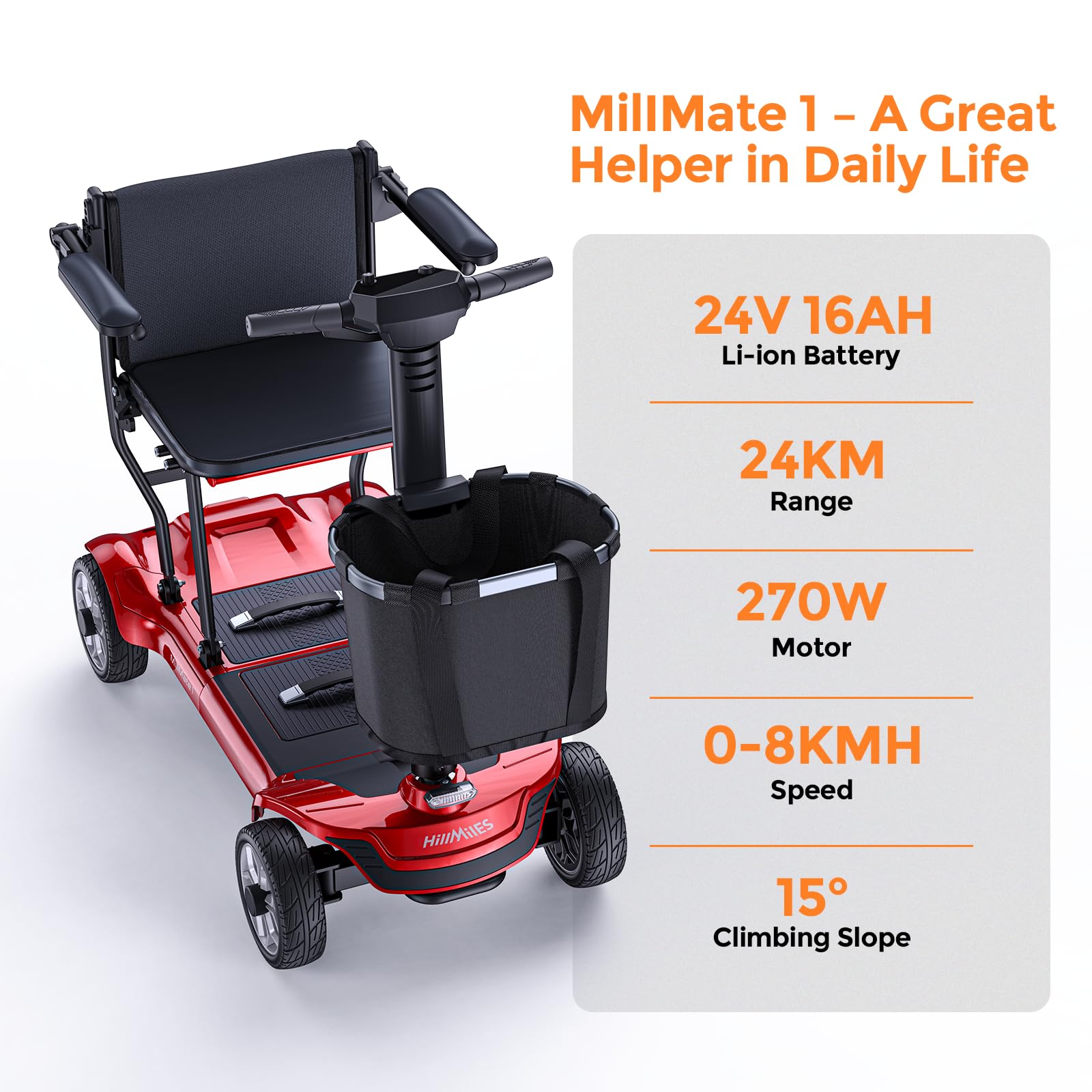 HillMiles MillMate1 Scooter Eléctrico Plegable para Mayores, Batería 384Wh