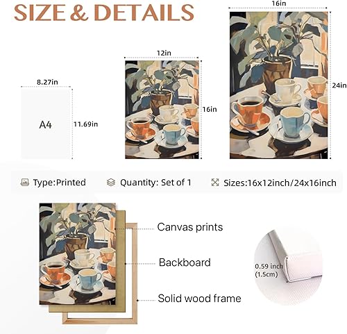 Miniatura 7 de Cyebmo Arte de pared retro enmarcado de café, decoración de pared de plantas de taza de café, pintura en lienzo de acuarela de café, póster