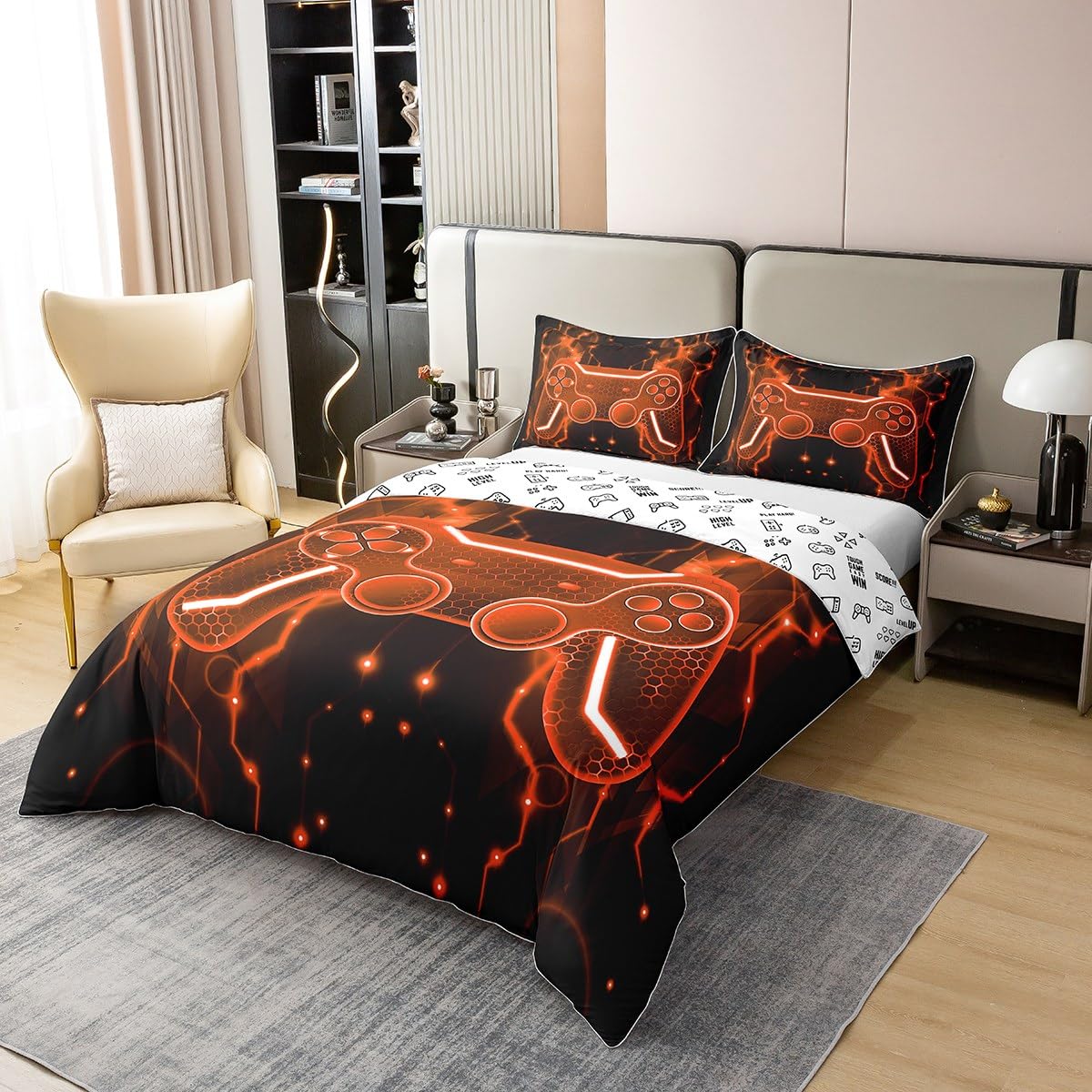 Homemissing Gamer Duvet Cover 100% Cotton King Size Game Controller Comforter Cover Set Adults Gaming Bedding Set Game Room Decor Orange Black Bedspread Cover Room Decor 3Pcs With 2 Pillow Case - Image 3