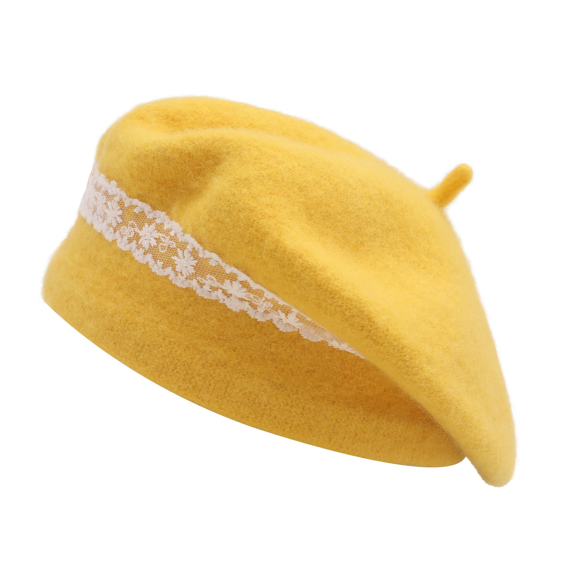 ZLYC Wool Kids Beret Hat Girls Solid Color Artist French Beret Cap(Lace Yellow),One Size