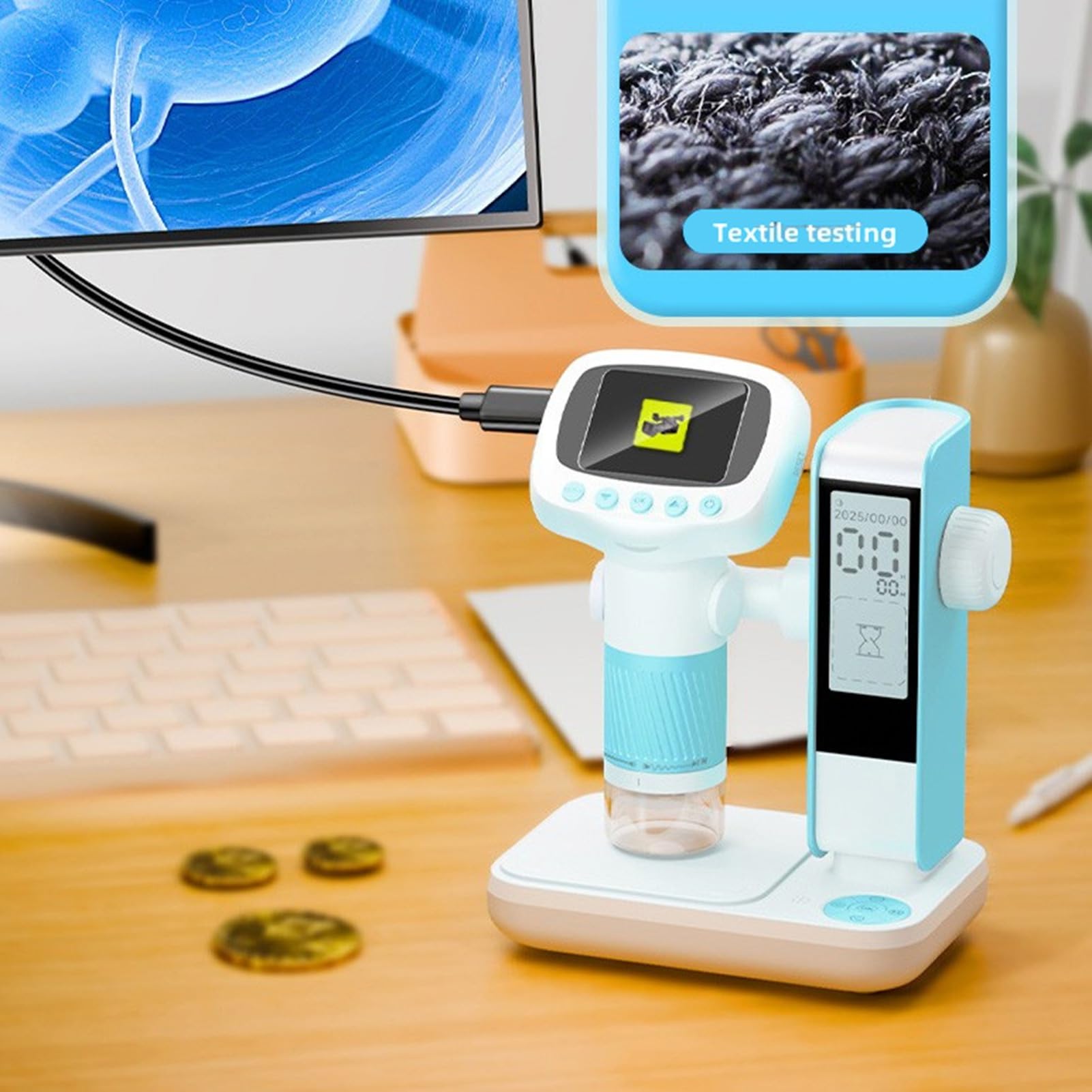 Kit microscopio per Bambini Microscopio Digitale Portatile 1080P HD con Supporto per Schermo da 2,0" Giocattolo educativo scientifico Portatile 2 in 1 con Timer Luce LED Blu CM5