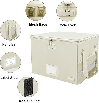 ENGPOW File Box with Lock, Fireproof Document Box with Zipper Lid, Collapsible File Storage Organizer Filing Cabinet with Handles, Portable Home Office Safe for Hanging Letter/Legal Folders, Beige