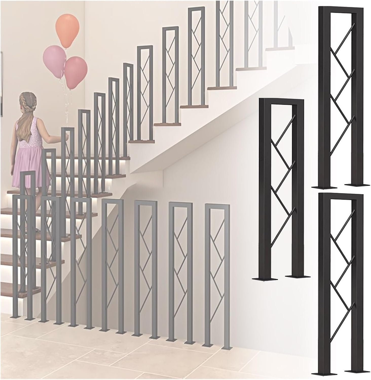 Balaustre de 75 x 100 cm de hierro forjado negro mate barandilla en U para escaleras exclusivas