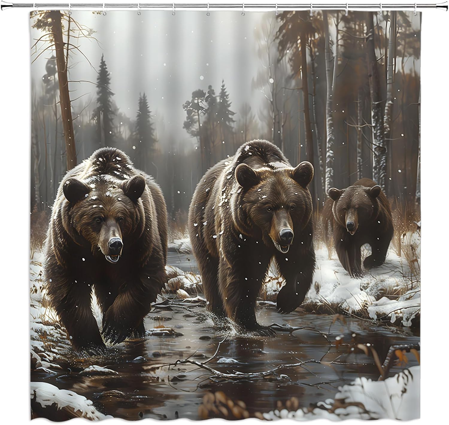 Winter Bear Shower Curtain Snow Forest Lake Animal Brown Wildlife Cabin Nature Rustic Bathroom Curtain Set with Hooks(91" Wx70 H)