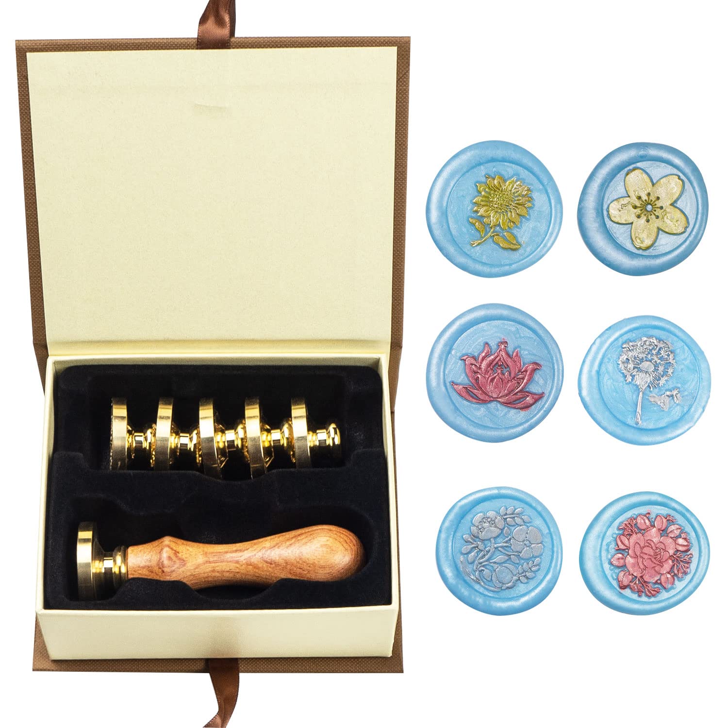 Wax Seal Stamp kit, ANBOSE Flower Wax Seal Stamp Set with 6 PCS Removable Brass Heads and 1 Wooden Handle, Sunflower Three Flowers Lotus Dandelion Sealing Wax Stamp for Cards Invitations — image 1