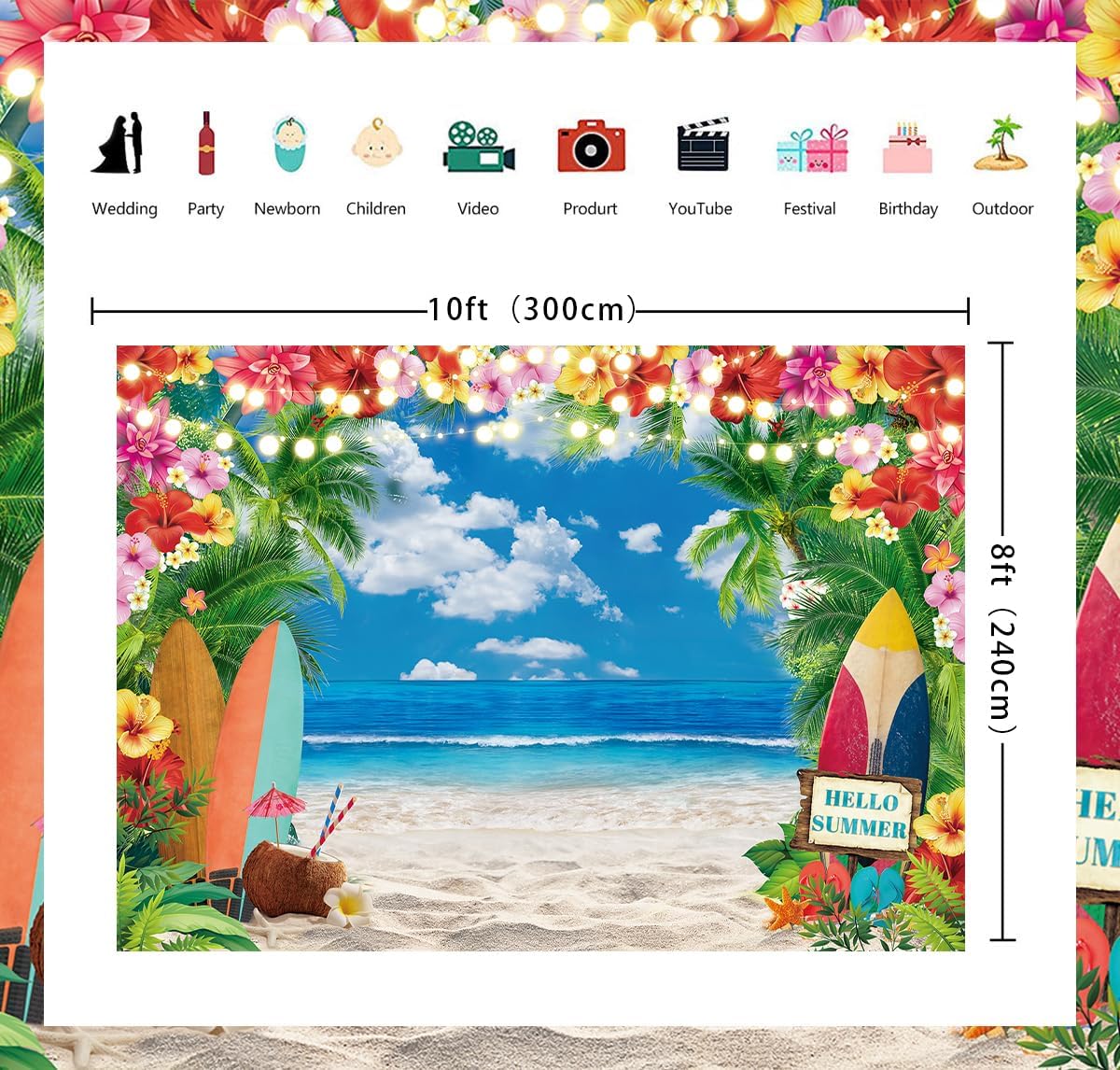 Summer Hawaiian Beach Backdrop 10x8ft Tropical Flower Palm Leaves Surfboard Photography Background for Aloha Luau Theme Party Decorations Banner Photo Props