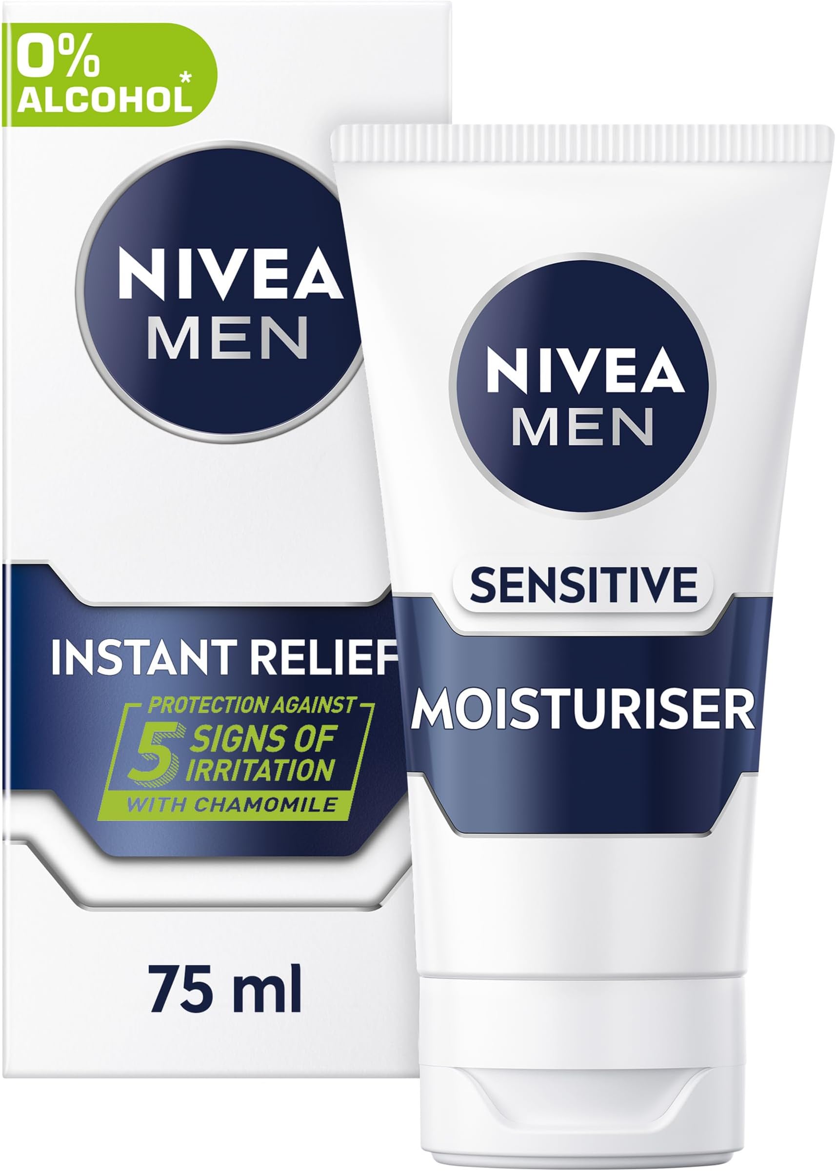 NIVEA MEN Sensitive Moisturiser Tube (75ml), Hydrating Mens Moisturiser Face Cream with 0% Alcohol, Made for Sensitive Skin, Mens Skincare Essentials