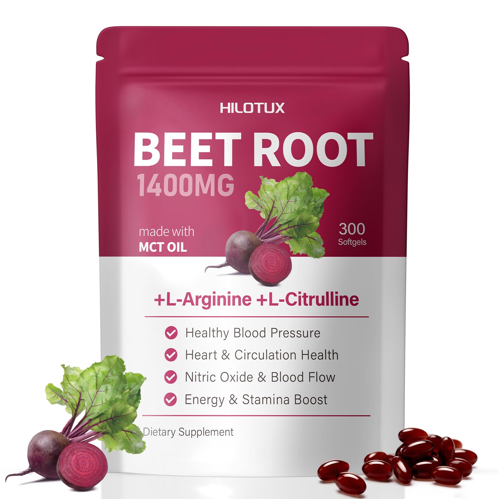 HILOTUX Pré-treino com extrato de beterraba 1.400 mg, L-arginina, L-citrulina, extrato de semente de uva e óleo MCT, 300 softgels