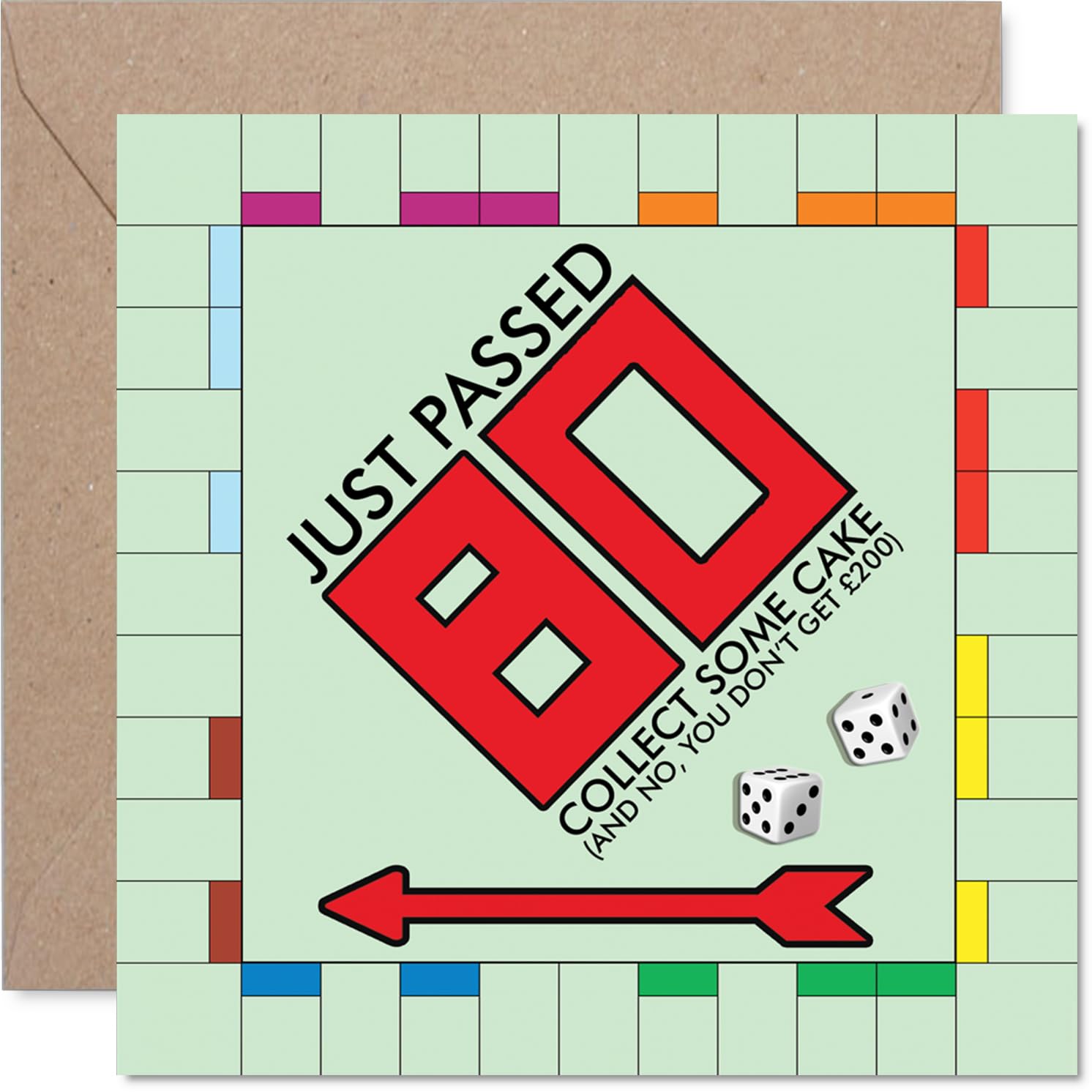 Funny 80th Birthday Card - Milestone Laughs at 80 - Monopoly-inspired Board Game Humour with Playful Cake Twist - 145mm Square, Envelope Included