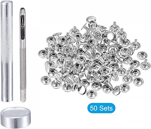 Miniatura 3 de uxcell 50 juegos de remaches de cuero, tono plateado, 0.236 in, doble casquillo de latón, remaches de cuero con herramientas de ajuste