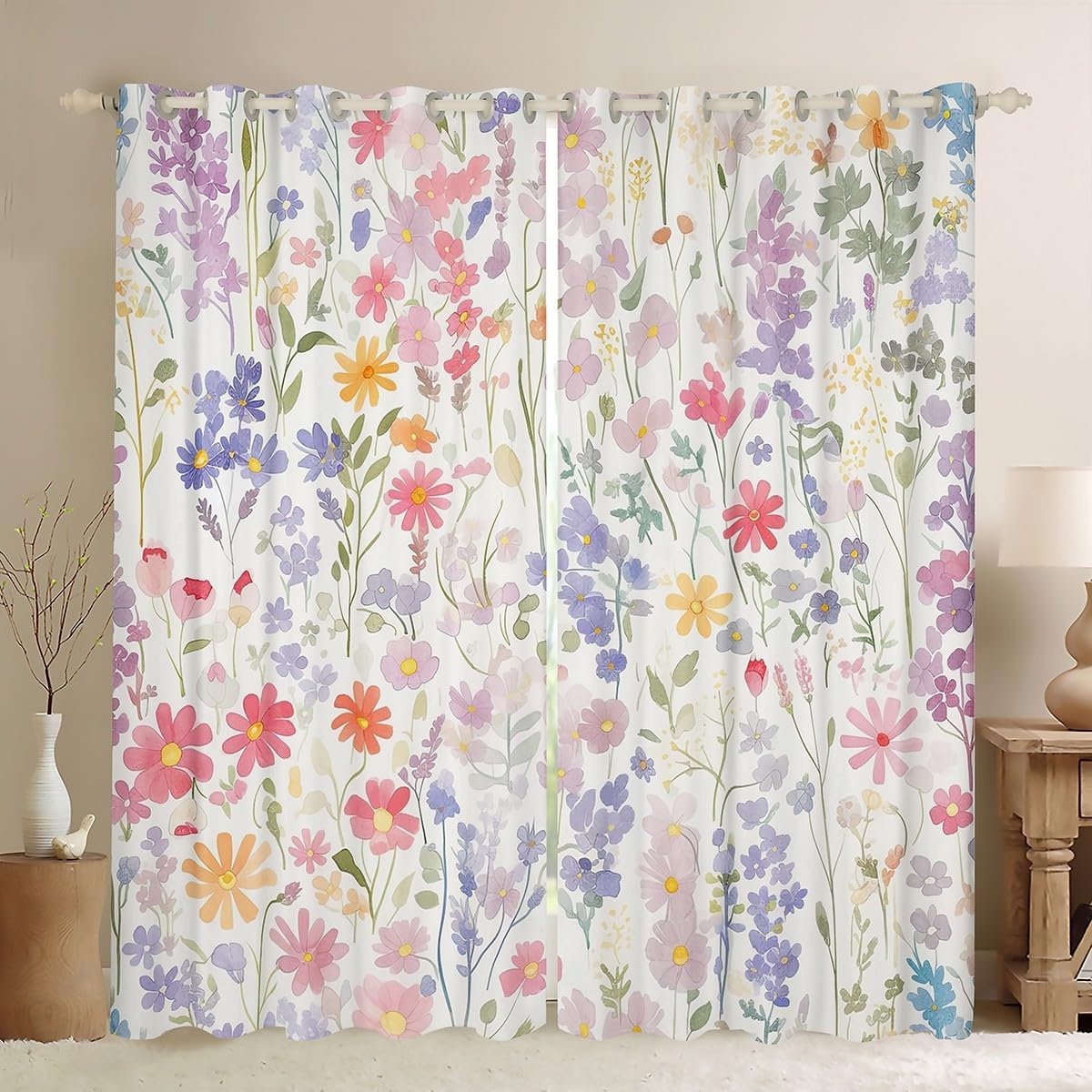 Erosebridal Colorful Floral Curtains for Girls Boys Kids,Pink Purple Cute Flower Curtains Blackout Boho Bedroom Decor,Watercolor Wildflower Curtains Rustic Flowers Window Curtains 2 Panels 38" Wx54 L