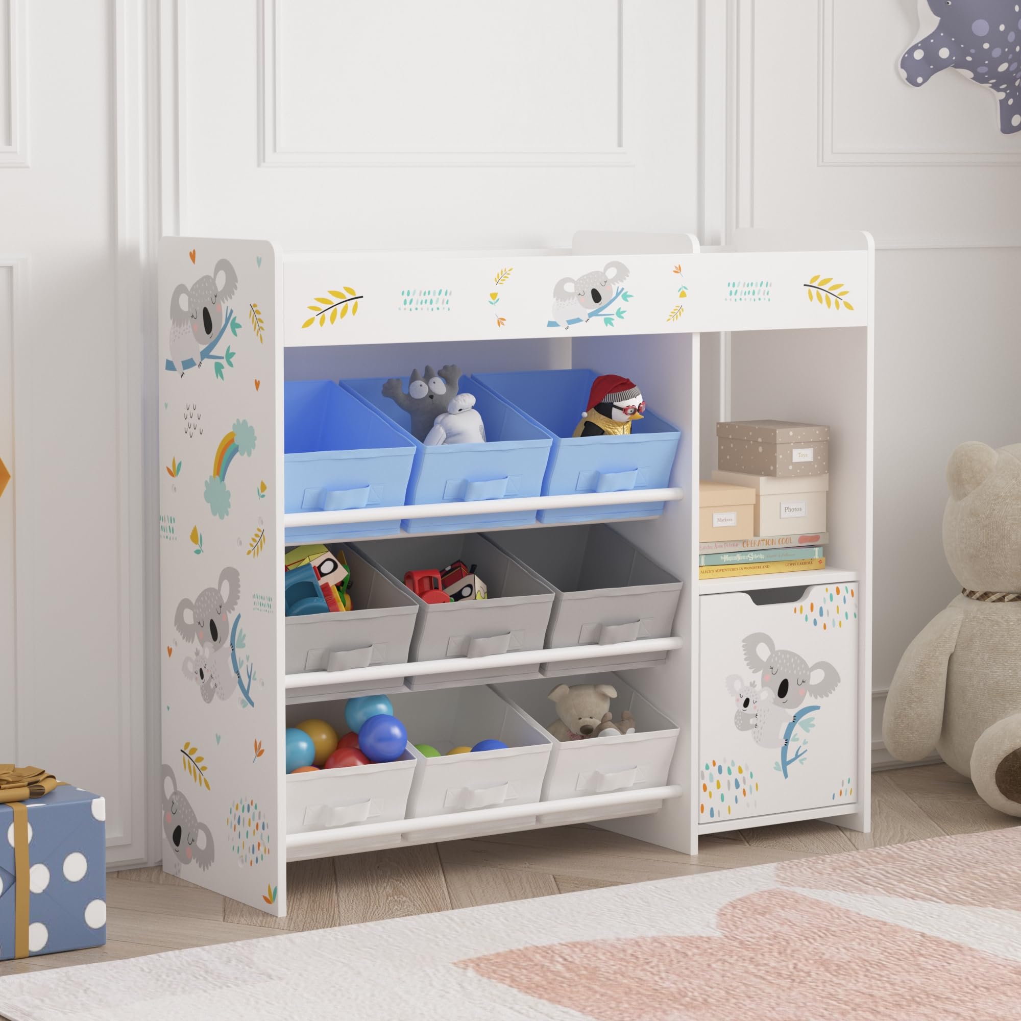 [en.casa] Étagère Enfant avec 9 Boîtes de Rangement et Armoire Meuble de Stockage Bibliothèque avec Koala Océan Panneau de Particules Polyester Métal 80 x 90 x 30 cm Blanc Gris Bleu