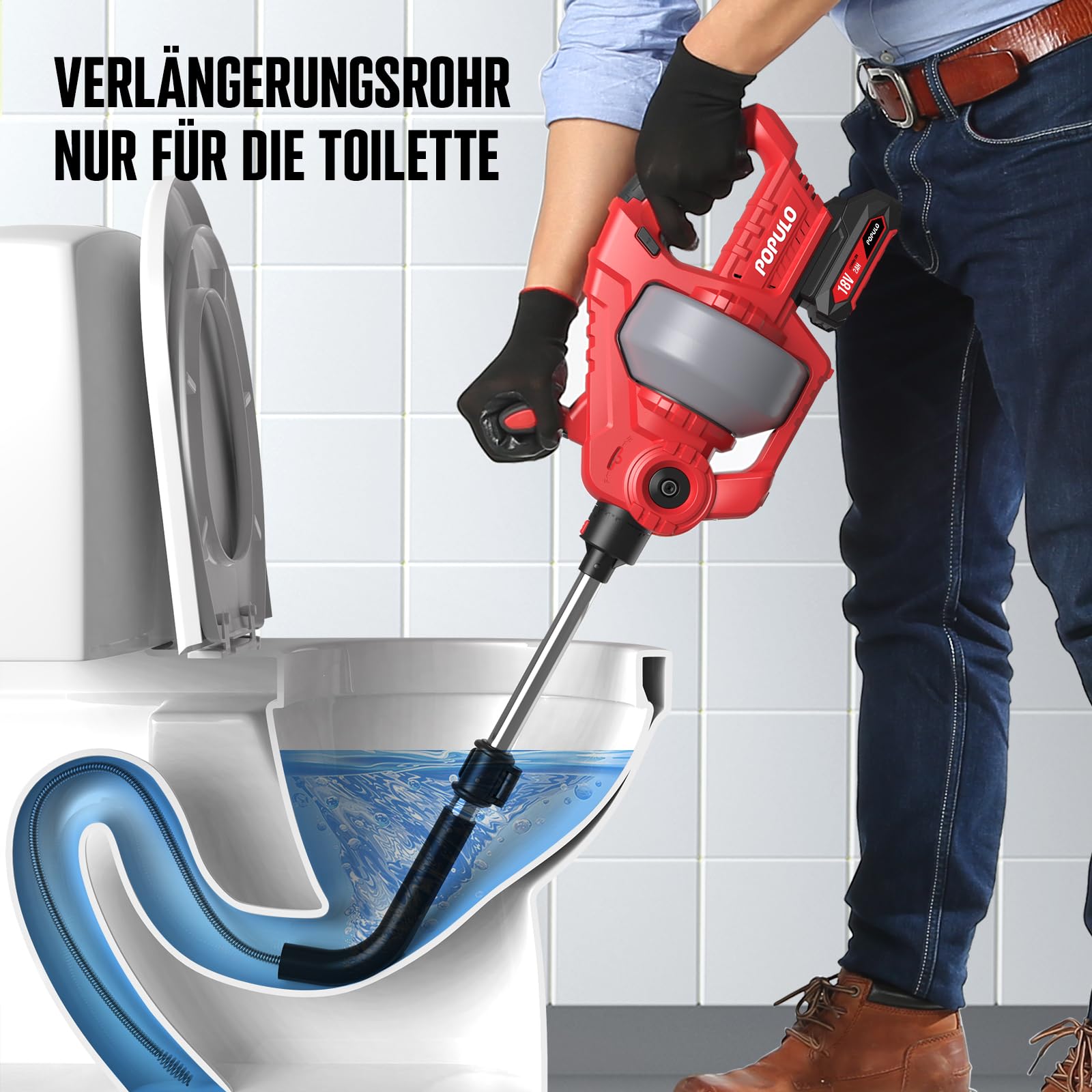POPULO Kabellose WC-Rohrreinigungsspirale 20 V, 7,6 m, mit Führungsrohr