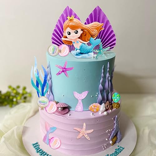 Miniatura 6 de Lukinuo Decoración para tartas de sirena, 24 piezas, figura de sirenita bajo el mar, decoración para tartas de algas, hojas de palma, estrellas de