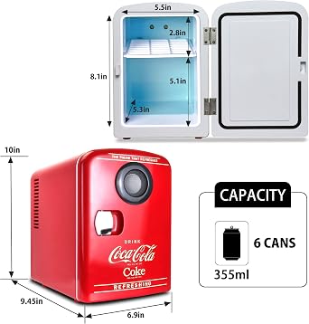 Coca-Cola Mini Fridges for Bedrooms 4L Quiet Small 6 Can Table Top Fridge Portable Retro Cooler Warmer with Built-In Bluetooth Wireless Speaker For Drinks Food Coke Kids Skincare Office Home Desk Red [Energy Class A]