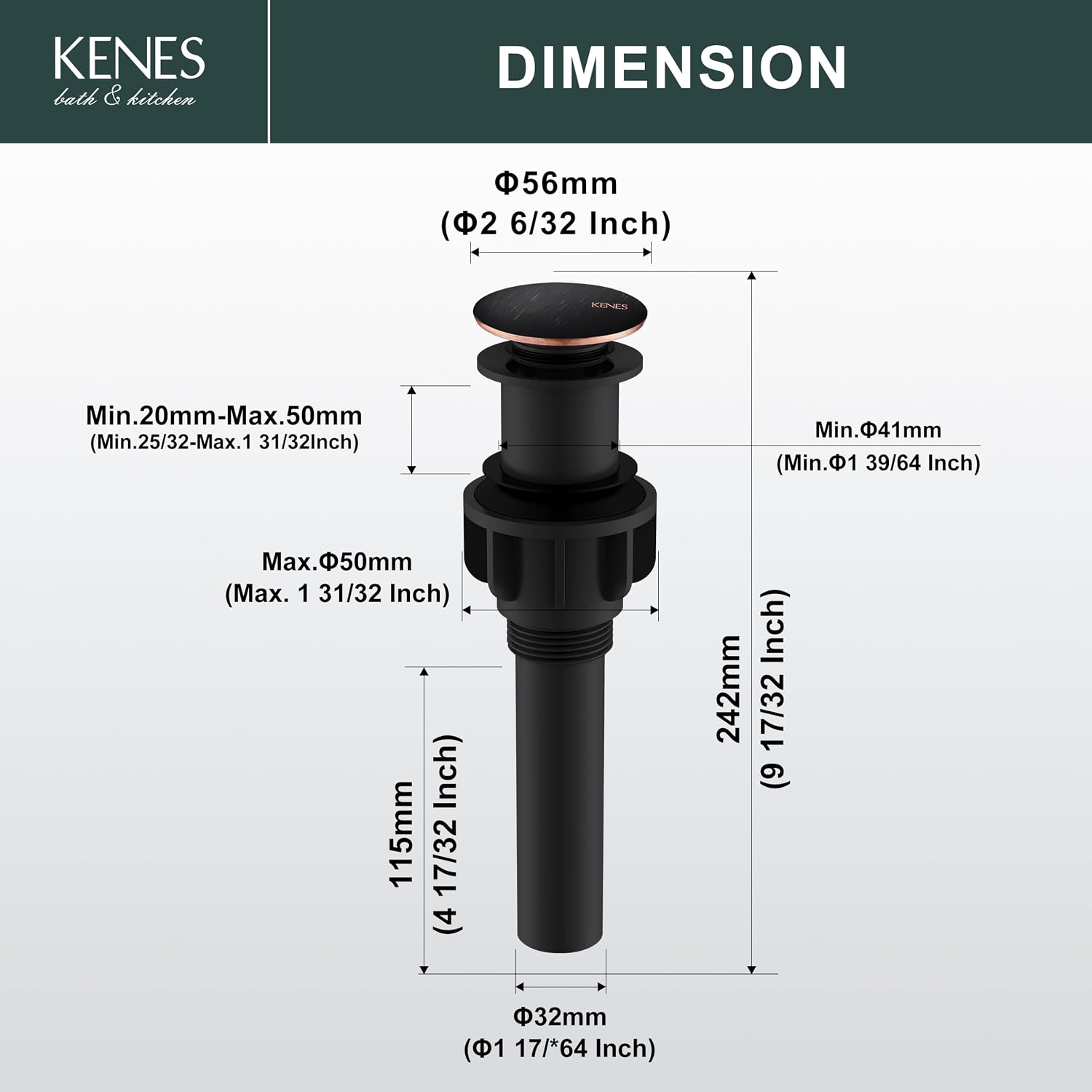 KENES Oil Rubbed Bronze Pop Up Bathroom Sink Drain Stopper Without Overflow