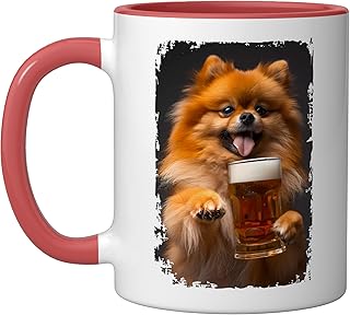 Pomerian dog Beer Ceramic Mug, Red/White