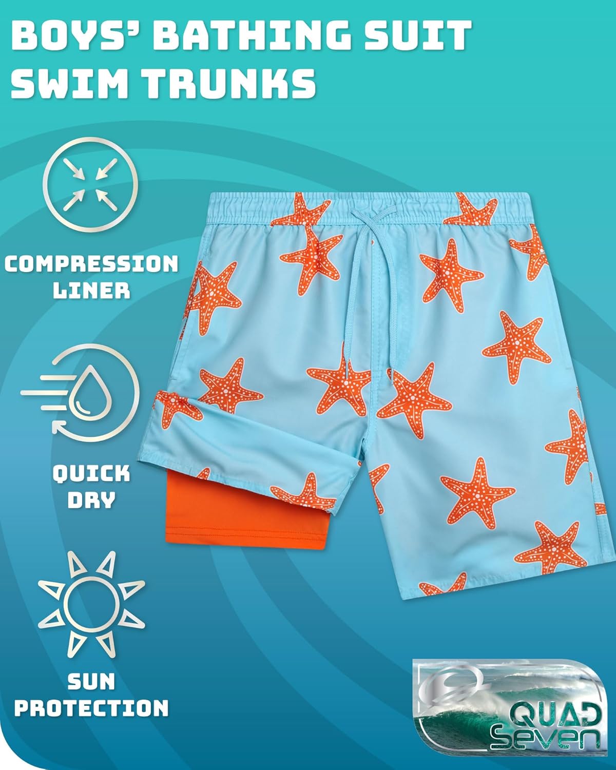 Quad Seven Boys Swim Trunks with Compression Liner Quick Dry Bathing Suit Swim Shorts (Sizes: 8-14) - Image 3