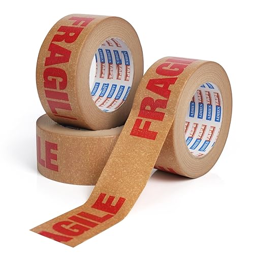ADHES - Cinta frágil, cinta de papel kraft biodegradable, 2 pulgadas x 55 yardas, 3 rollos, adhesivo fuerte, cinta de embalaje de papel ecológica