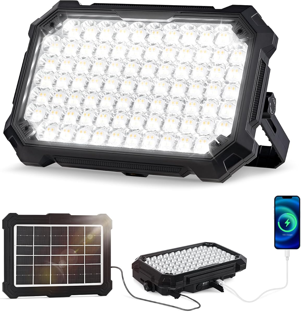 Luz de trabajo solar LED de 300 W recargable, linterna solar LED de 8000 lm, luces de camping portátiles, 4 modos de luz, luces de tienda impermeables IP67 para cortes de energía, emergencia, senderismo, reparación de automóviles