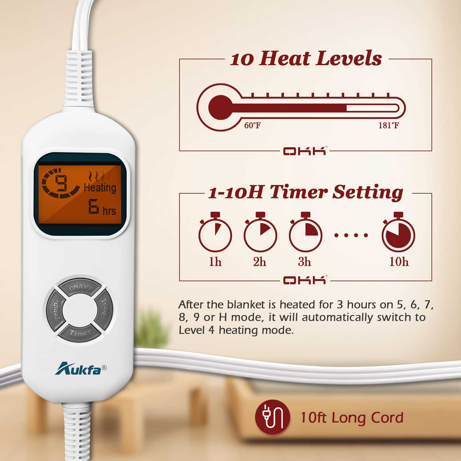 Aukfa Electric Heated Blanket Throw, 50� x 60� Soft Flannel Electric Blanket, 10 Heat Levels & 10 Hours Timer Auto Off, Fast Heating Blanket for Home Office Use, ETL Certified, Machine Washable