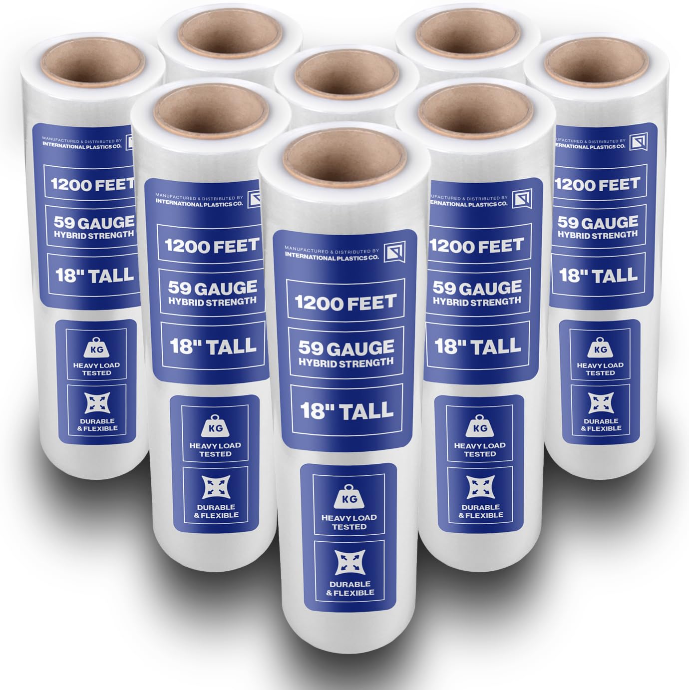 International Plastics Co. 18" Plastic Stretch Film/Wrap 1200ft 500% Stretch Clear Cling Durable Adhering Packing Moving Packaging Heavy Duty Shrink (18" - 17" Styles, 8 Pack)