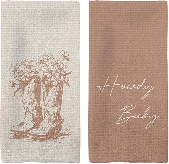 Western Kitchen Towels, Preppy Cowboy Hand Towels, Black Cowgirls Boots Floral Rodeo Dishcloths Tea Towel for Kitchen, Vintage Retro Howdy Baby KitchenBathroom Decor Set of 2, 16x24in(Orange)