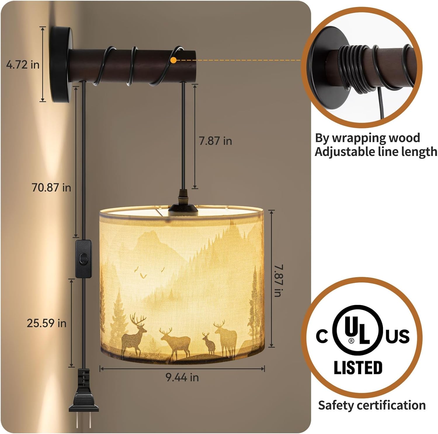 Deer Plug in Wall Sconces Set of 2, Rustic Wall Sconce with Adjustable Cord & Wooden Arm, Western Wall Light Fixtures, Forest Wall Lamps for Bedroom, Living Room