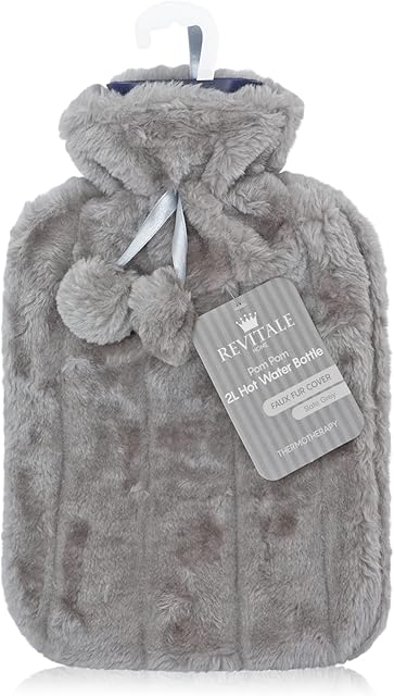 Revitale Luxury Cosy Faux Fur Pom Pom Hot Water Bottle - 2 Litre (Slate Grey)