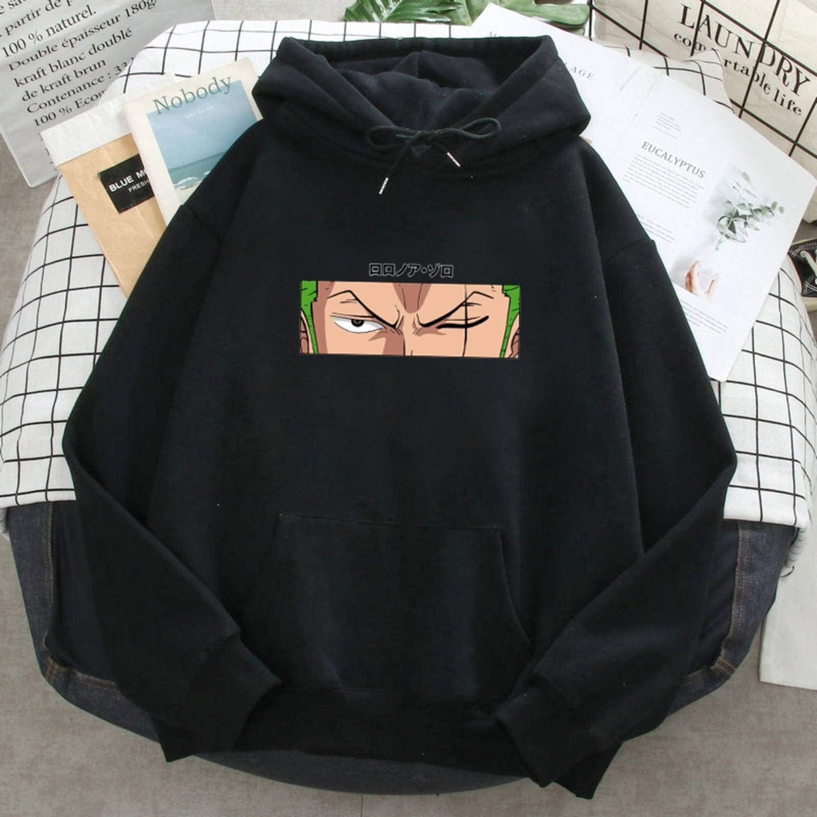 NC Roronoa Zoro Print Hoodies Men One Piece Anime Sweatshirts Hooded2021 New Brand Man Woman Fleece Warm Hooded Pockets Streetwear, Black