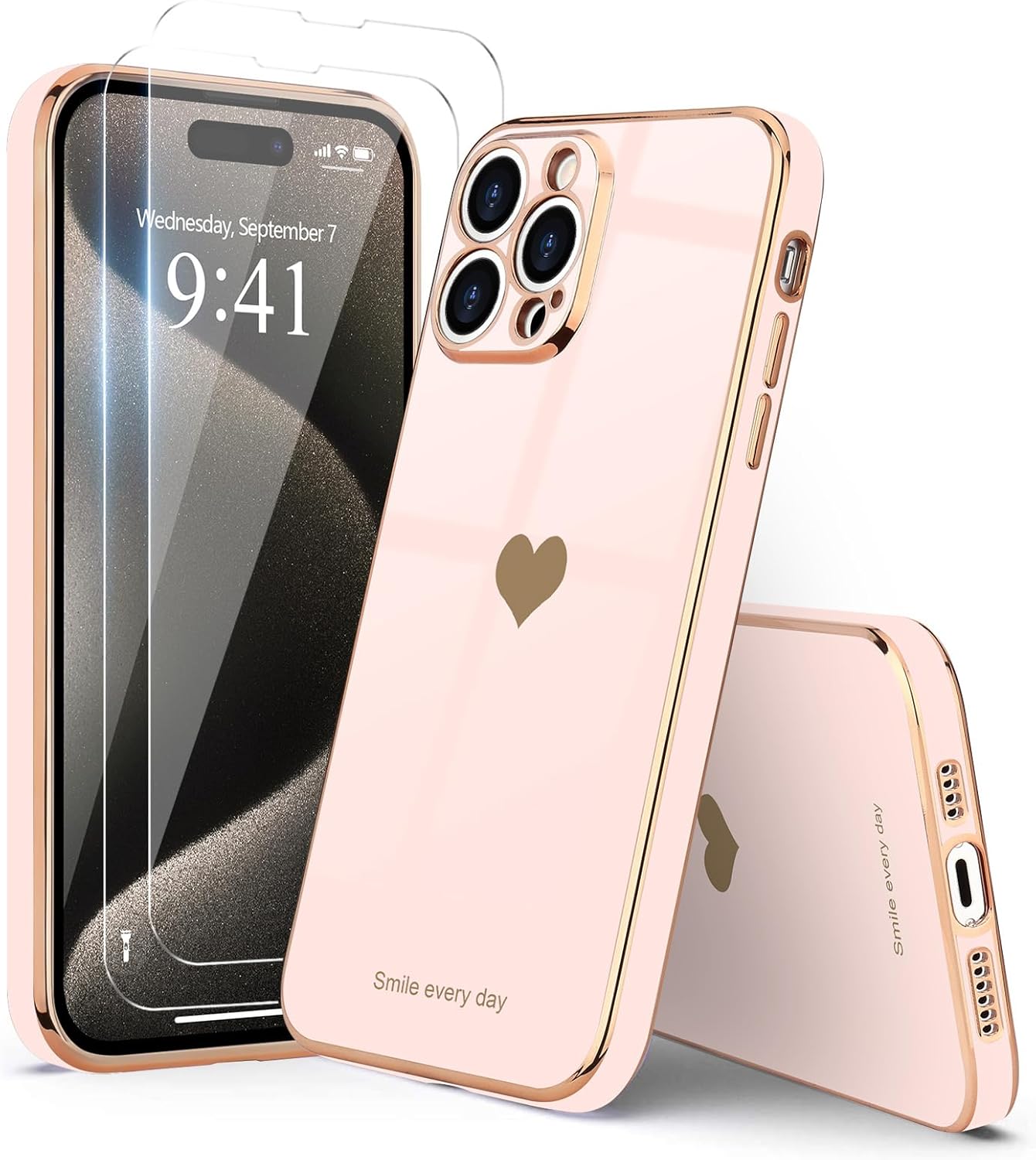 Teageo for iPhone 15 Pro Max Case with Screen Protector [2 Pack] Girl Women Cute Girly Love-Heart Luxury Gold Soft Cover Camera Protection Silicone Shockproof Phone Case iPhone 15 Pro Max, Light Pink - Image 6