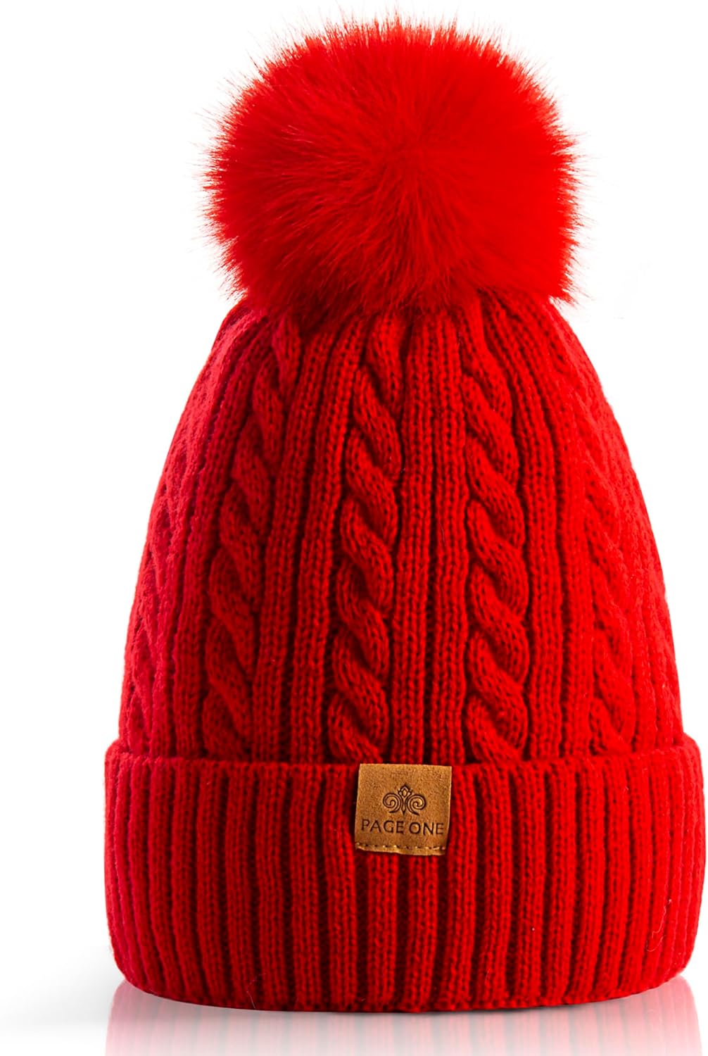 PAGE ONE レディース 冬用ポンポン付きニット帽 暖かいフリース裏地 チャンキートレンディでキュートなシェニールニットツイスト