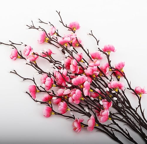 Miniatura 4 de LGEGE Juego de 6 flores artificiales de ciruelo rosa, ramo de flores falsas para decoración del hogar, cocina, oficina, hotel, centro de mesa,