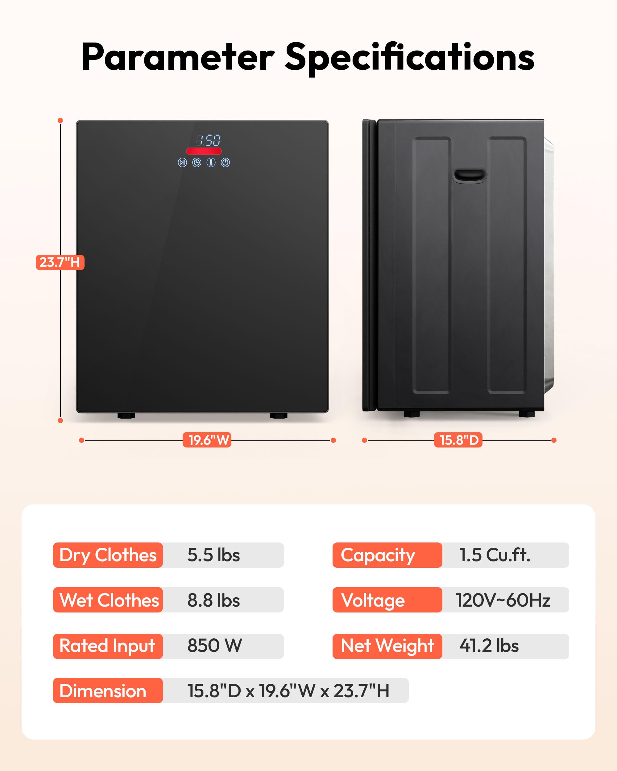 EUHOMY 1.5 Cu.ft Portable Dryer with 4 Drying Programs, 5.5lbs Clothes Capacity, Mirror Finish & LCD Panel, 850W Portable Clothes Dryer for Apartment, Dorm & RV, Black & White — view 7