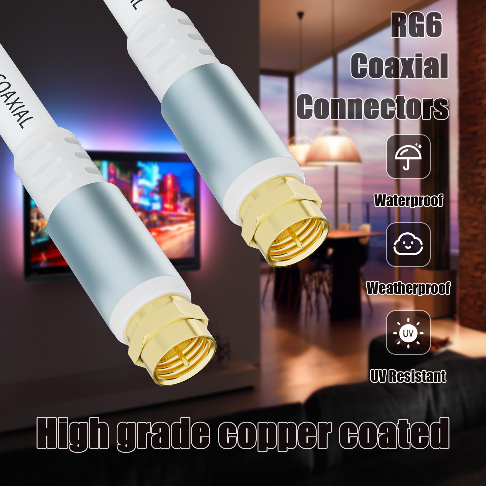 Cable coaxial RG6 blanco de 10 pies para Internet, banda ancha y TV digital, cable de extensión coaxial RG6 de satélite