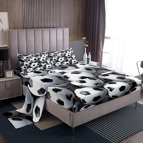 Miniatura 2 de Erosebridal Juego de ropa de cama de fútbol, tamaño individual, para niños, juegos de pelota, deportivos, color negro y blanco, para niños y