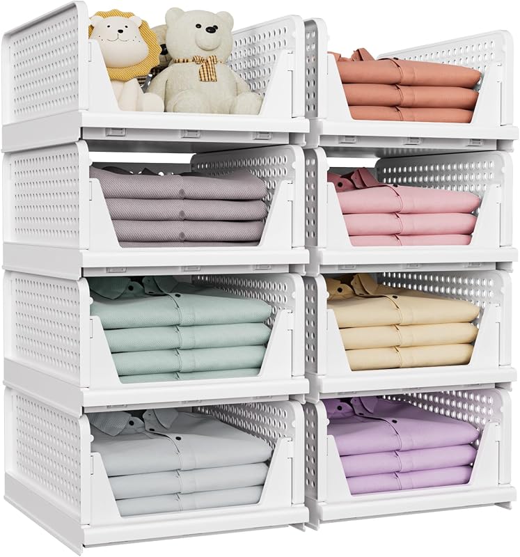 8 Pack Closet Organizers and Storage, Stackable & Foldable Closet Bins | Closet Storage Basket for Bathroom, Kitchen, Laundry Room, Drawer Shelf & Wardrobe Storage, Space-Saving Design, White